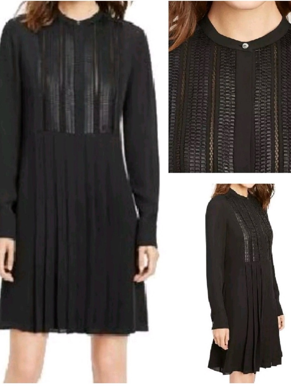 Vince Black Long-Sleeve Pleated Dress with Pintuck Front